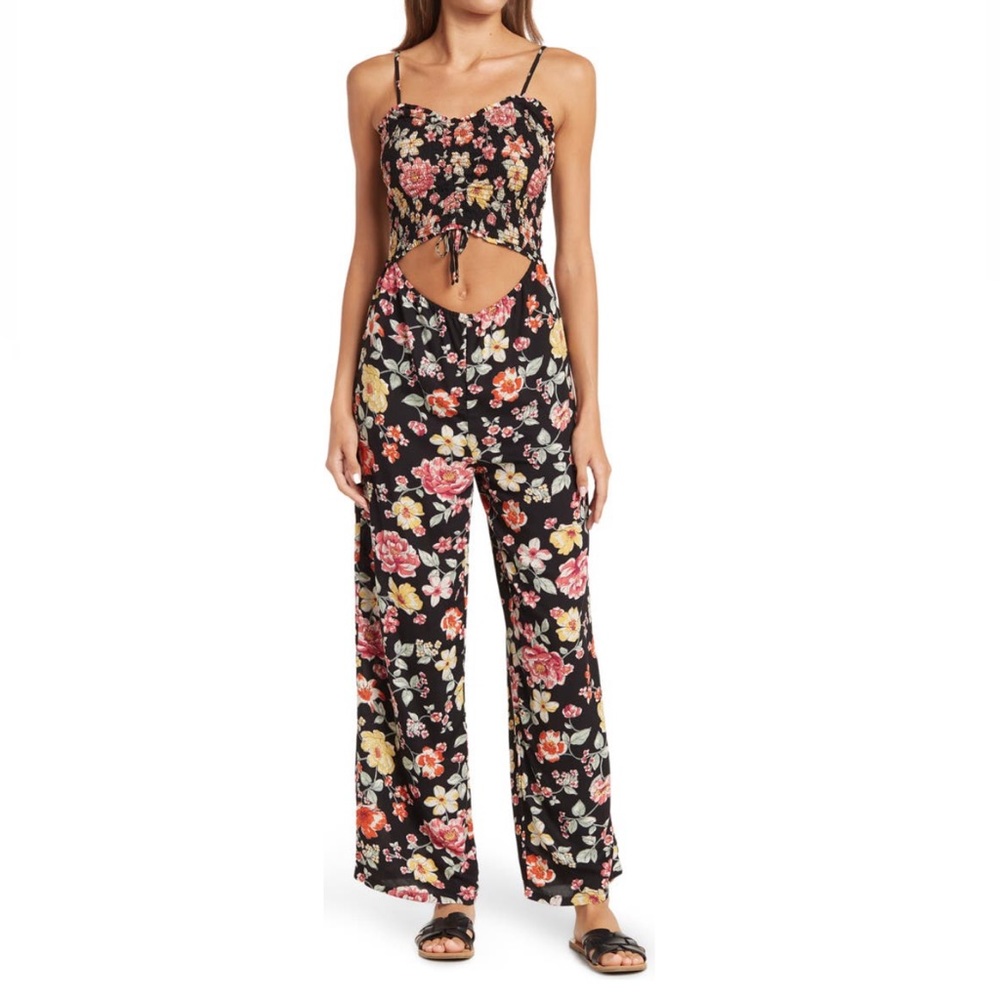 RDI Smocked Front Cutout Jumpsuit In Black Floral Pattern- New With Tag -Reemoly